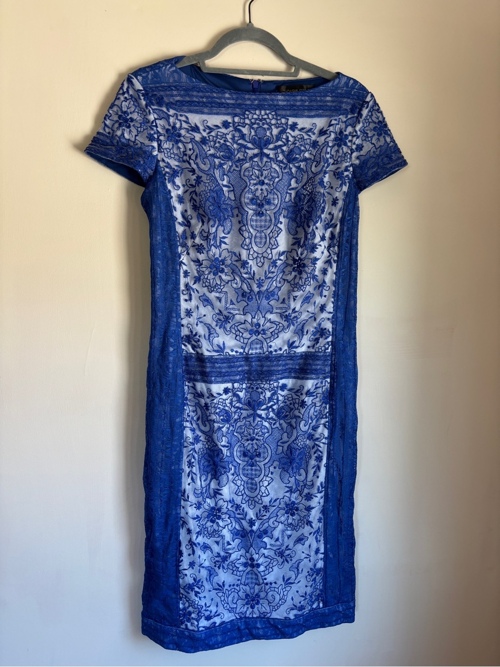 Tadashi Shoji Blue and White Embroidered Lace Midi Dress size 10